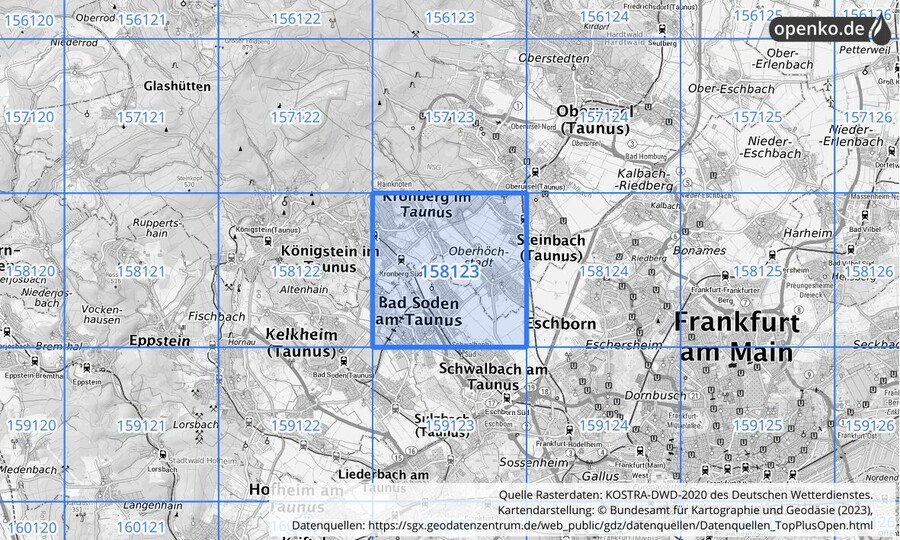 Übersichtskarte des KOSTRA-DWD-2020-Rasterfeldes Nr. 158123