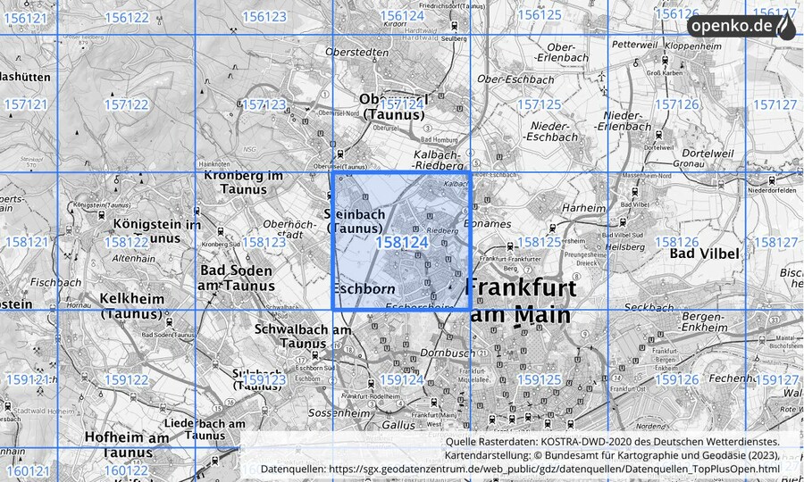 Übersichtskarte des KOSTRA-DWD-2020-Rasterfeldes Nr. 158124