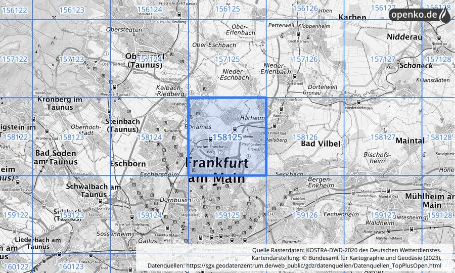 Übersichtskarte des KOSTRA-DWD-2020-Rasterfeldes Nr. 158125