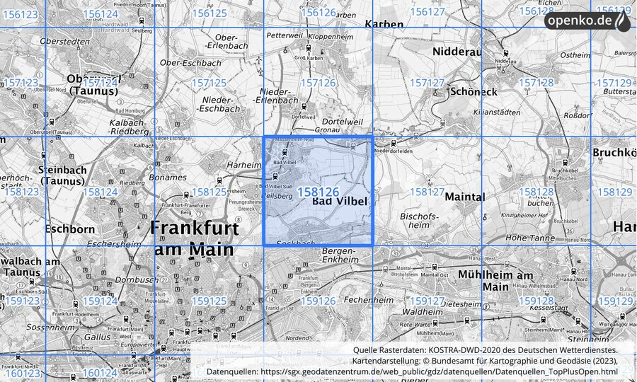 Übersichtskarte des KOSTRA-DWD-2020-Rasterfeldes Nr. 158126