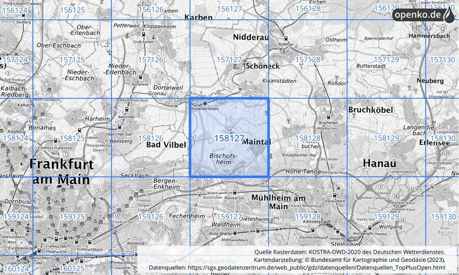 Übersichtskarte des KOSTRA-DWD-2020-Rasterfeldes Nr. 158127