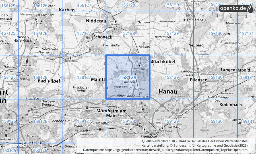 Übersichtskarte des KOSTRA-DWD-2020-Rasterfeldes Nr. 158128