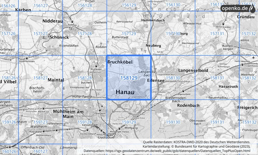 Übersichtskarte des KOSTRA-DWD-2020-Rasterfeldes Nr. 158129