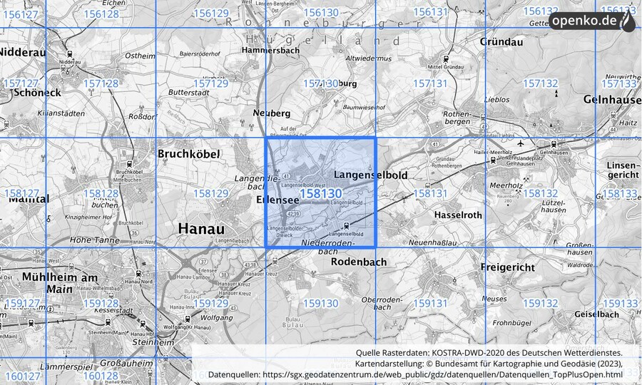 Übersichtskarte des KOSTRA-DWD-2020-Rasterfeldes Nr. 158130