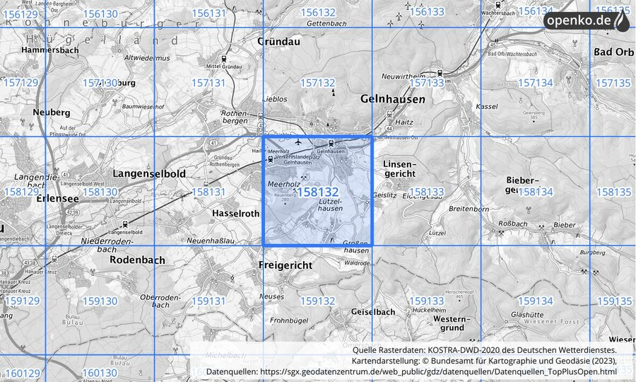 Übersichtskarte des KOSTRA-DWD-2020-Rasterfeldes Nr. 158132