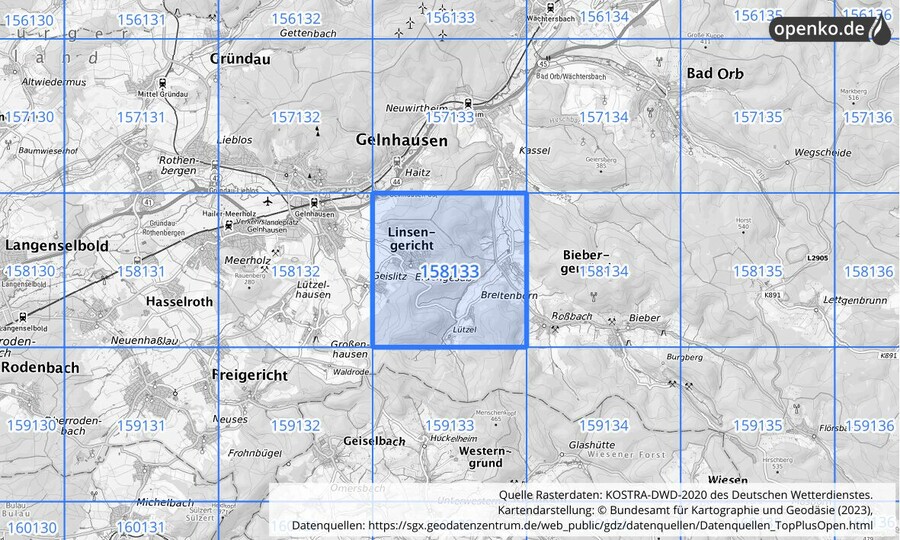 Übersichtskarte des KOSTRA-DWD-2020-Rasterfeldes Nr. 158133