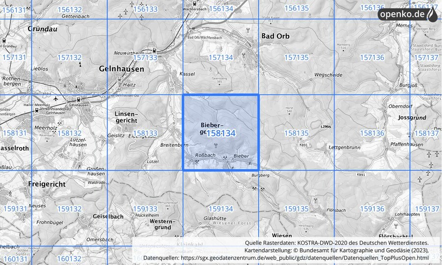 Übersichtskarte des KOSTRA-DWD-2020-Rasterfeldes Nr. 158134