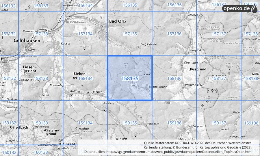 Übersichtskarte des KOSTRA-DWD-2020-Rasterfeldes Nr. 158135