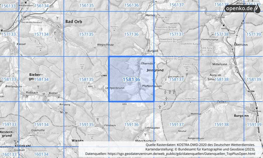 Übersichtskarte des KOSTRA-DWD-2020-Rasterfeldes Nr. 158136