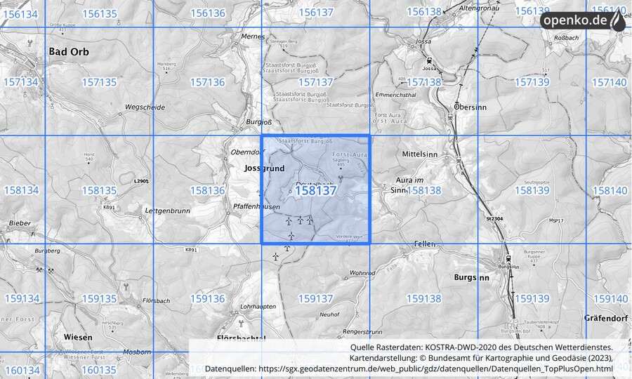 Übersichtskarte des KOSTRA-DWD-2020-Rasterfeldes Nr. 158137