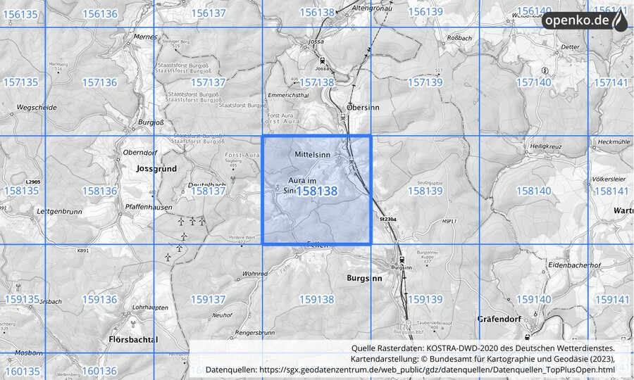 Übersichtskarte des KOSTRA-DWD-2020-Rasterfeldes Nr. 158138