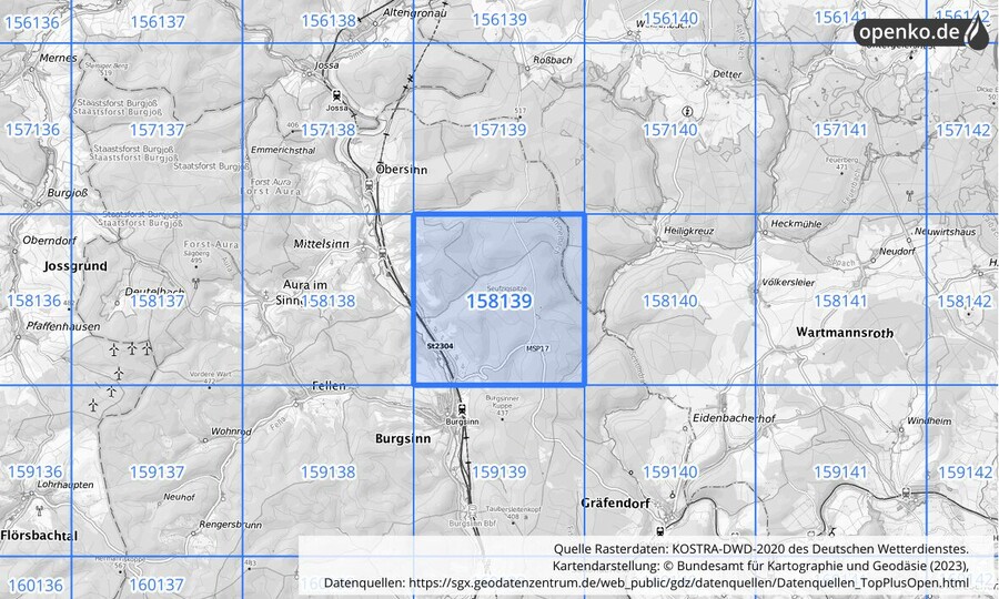 Übersichtskarte des KOSTRA-DWD-2020-Rasterfeldes Nr. 158139