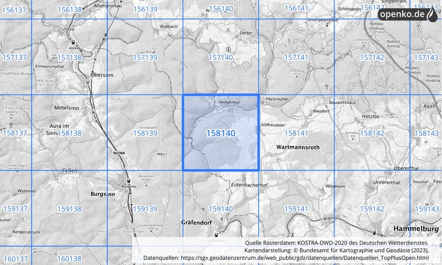 Übersichtskarte des KOSTRA-DWD-2020-Rasterfeldes Nr. 158140