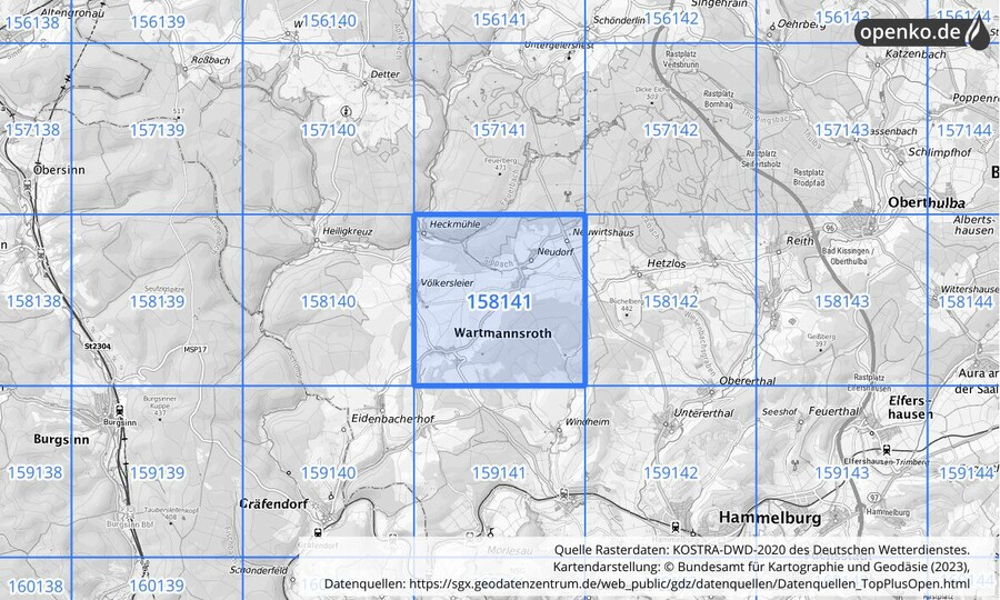 Übersichtskarte des KOSTRA-DWD-2020-Rasterfeldes Nr. 158141