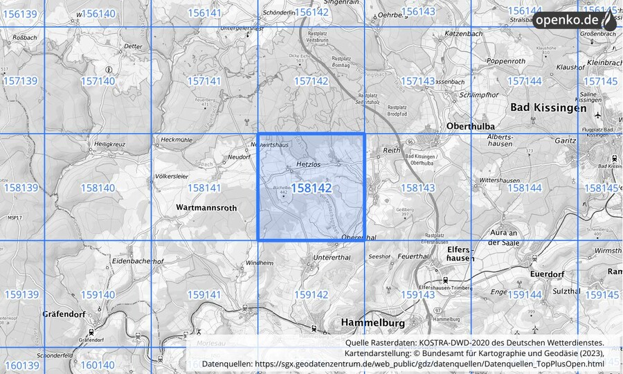 Übersichtskarte des KOSTRA-DWD-2020-Rasterfeldes Nr. 158142