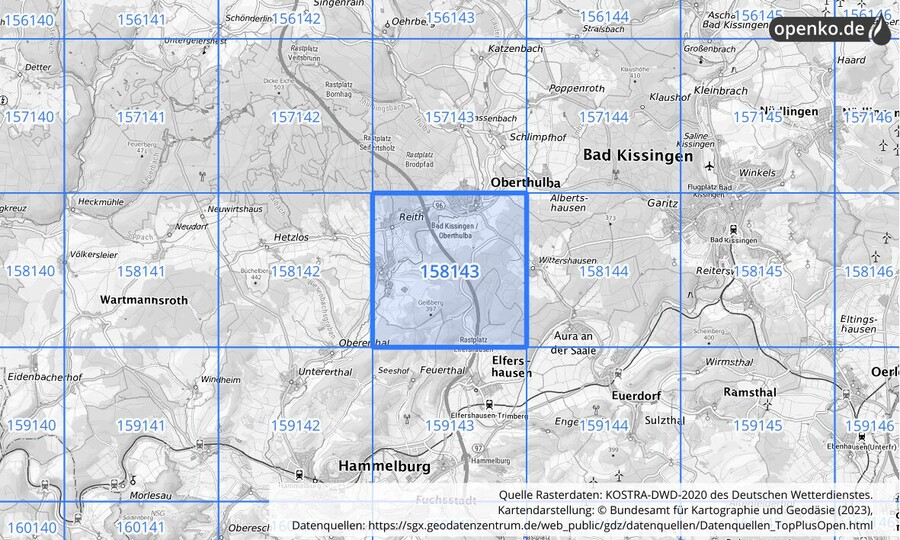 Übersichtskarte des KOSTRA-DWD-2020-Rasterfeldes Nr. 158143