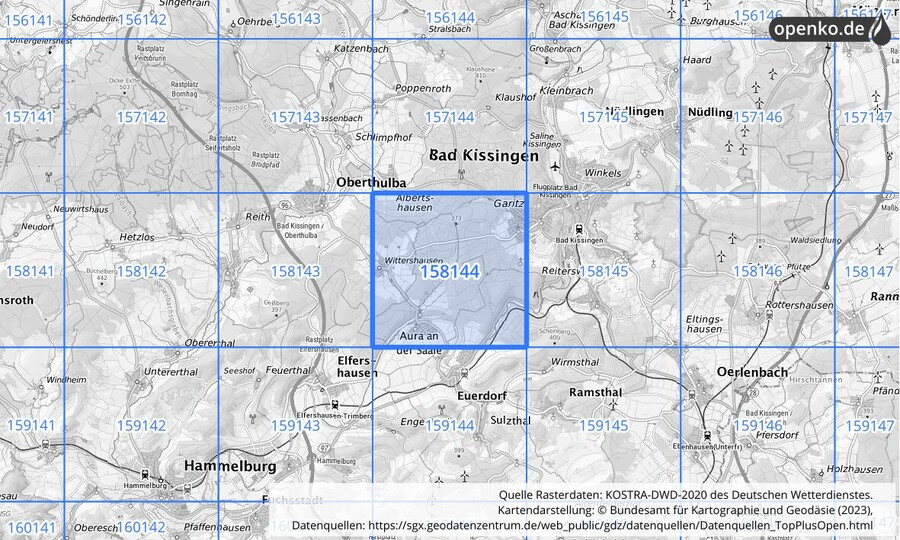 Übersichtskarte des KOSTRA-DWD-2020-Rasterfeldes Nr. 158144