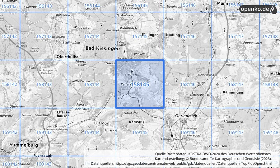 Übersichtskarte des KOSTRA-DWD-2020-Rasterfeldes Nr. 158145