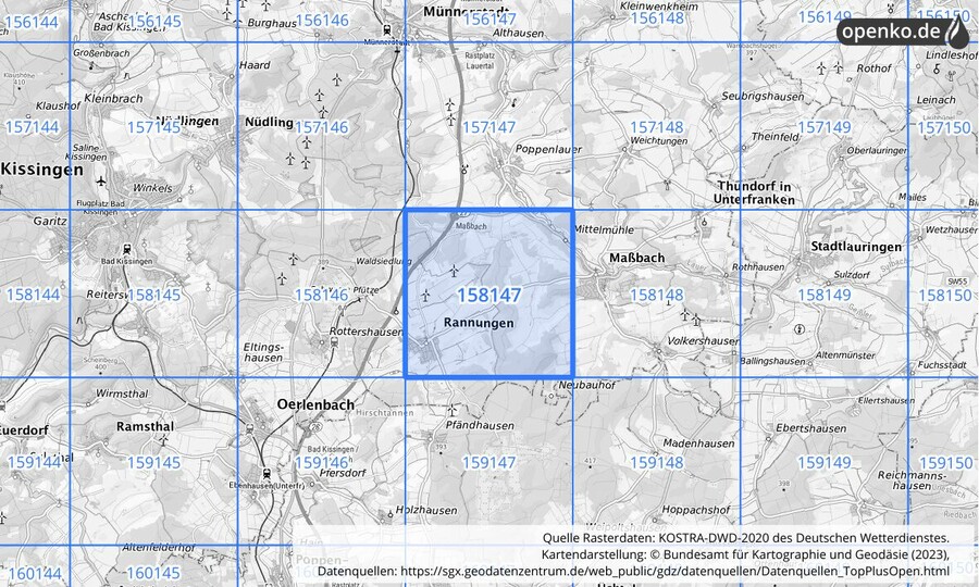 Übersichtskarte des KOSTRA-DWD-2020-Rasterfeldes Nr. 158147