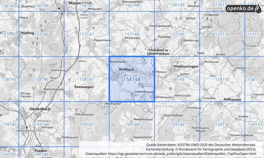 Übersichtskarte des KOSTRA-DWD-2020-Rasterfeldes Nr. 158148