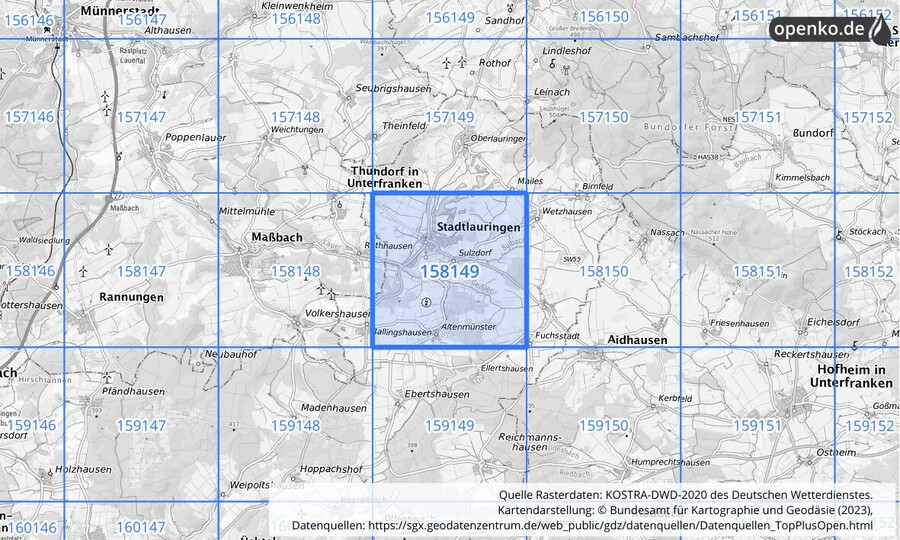 Übersichtskarte des KOSTRA-DWD-2020-Rasterfeldes Nr. 158149