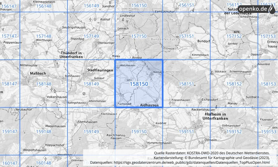 Übersichtskarte des KOSTRA-DWD-2020-Rasterfeldes Nr. 158150