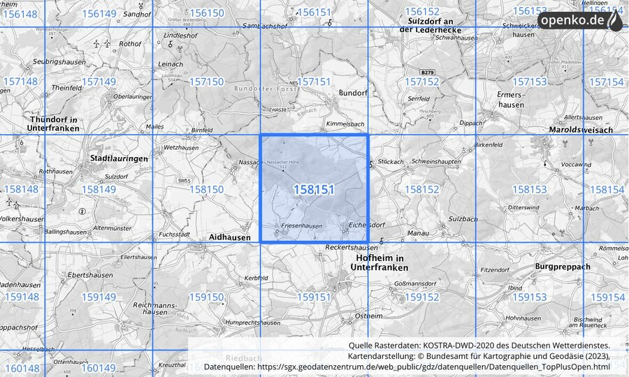 Übersichtskarte des KOSTRA-DWD-2020-Rasterfeldes Nr. 158151