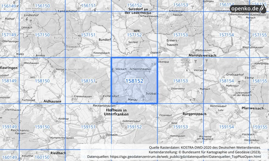 Übersichtskarte des KOSTRA-DWD-2020-Rasterfeldes Nr. 158152