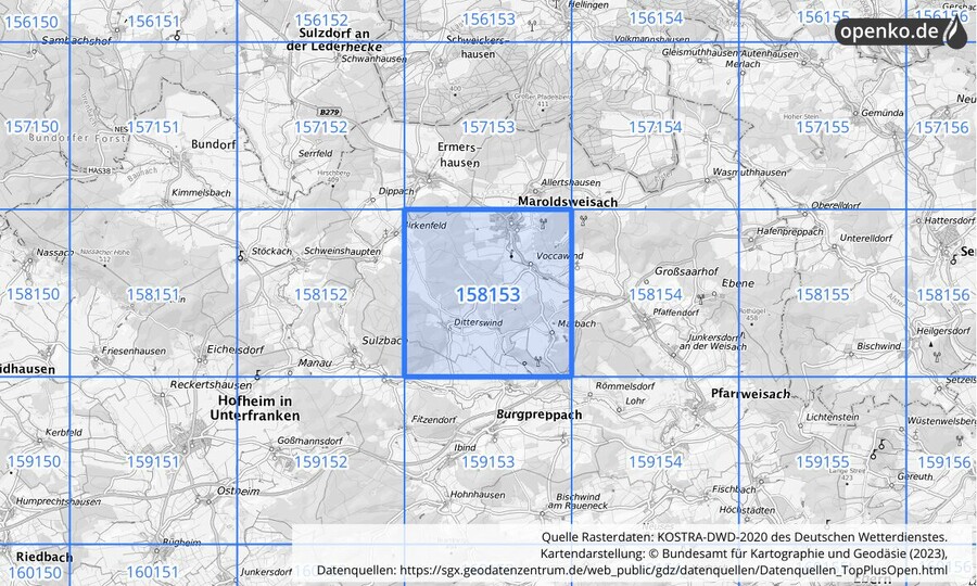 Übersichtskarte des KOSTRA-DWD-2020-Rasterfeldes Nr. 158153