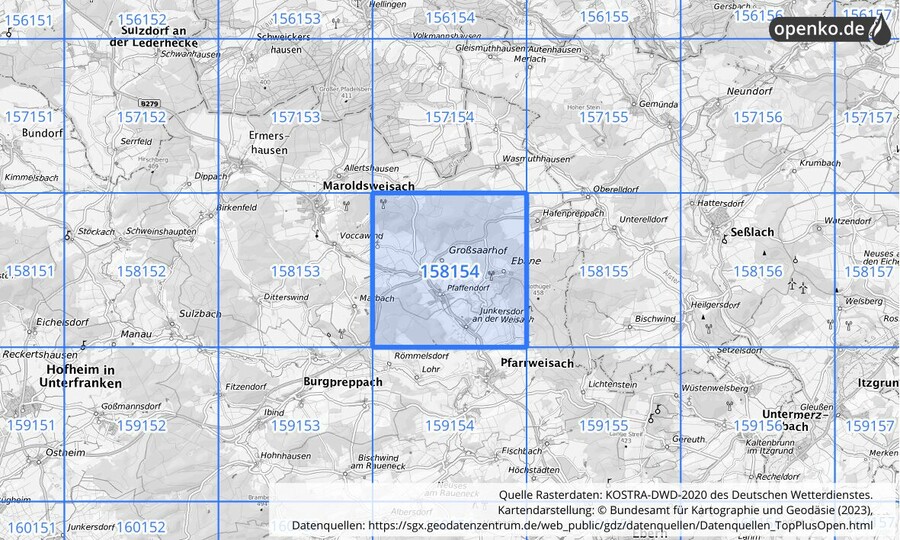 Übersichtskarte des KOSTRA-DWD-2020-Rasterfeldes Nr. 158154