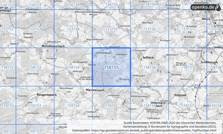 Übersichtskarte des KOSTRA-DWD-2020-Rasterfeldes Nr. 158155