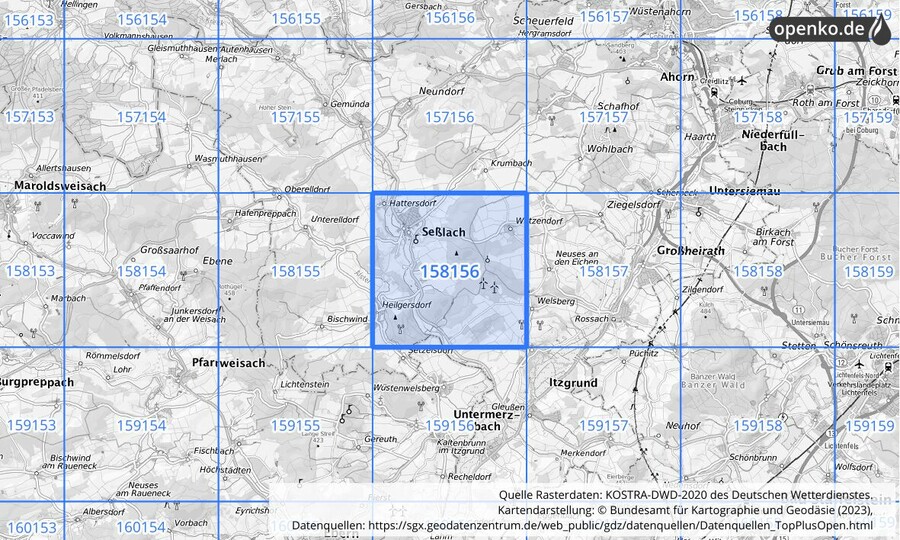 Übersichtskarte des KOSTRA-DWD-2020-Rasterfeldes Nr. 158156