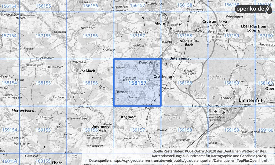 Übersichtskarte des KOSTRA-DWD-2020-Rasterfeldes Nr. 158157