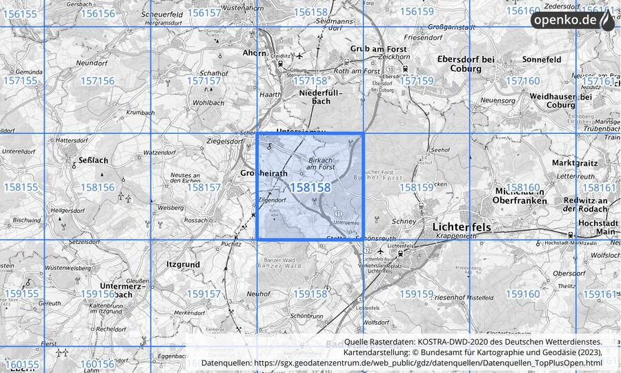 Übersichtskarte des KOSTRA-DWD-2020-Rasterfeldes Nr. 158158