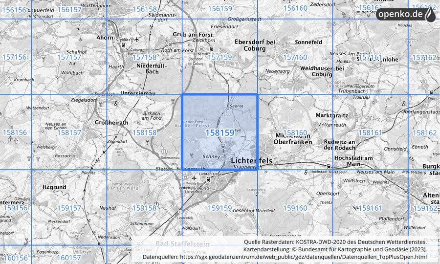 Übersichtskarte des KOSTRA-DWD-2020-Rasterfeldes Nr. 158159