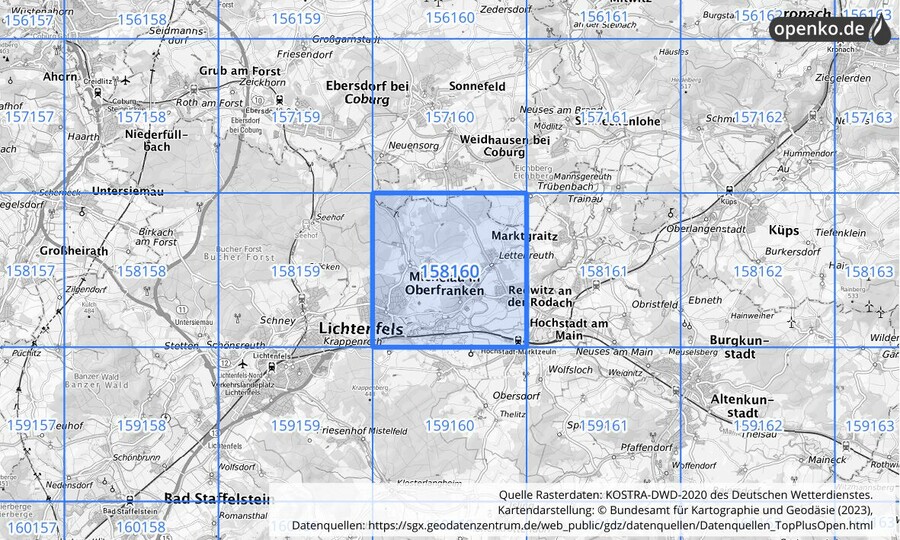 Übersichtskarte des KOSTRA-DWD-2020-Rasterfeldes Nr. 158160