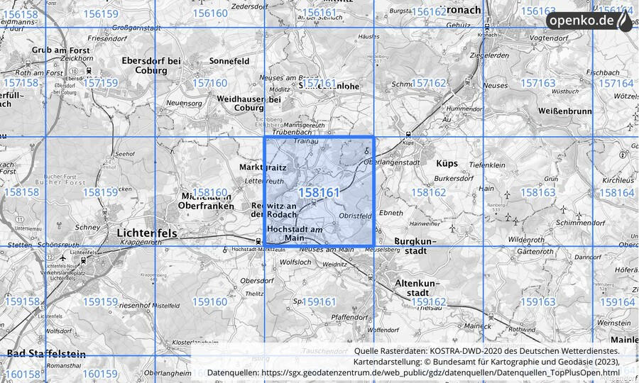 Übersichtskarte des KOSTRA-DWD-2020-Rasterfeldes Nr. 158161