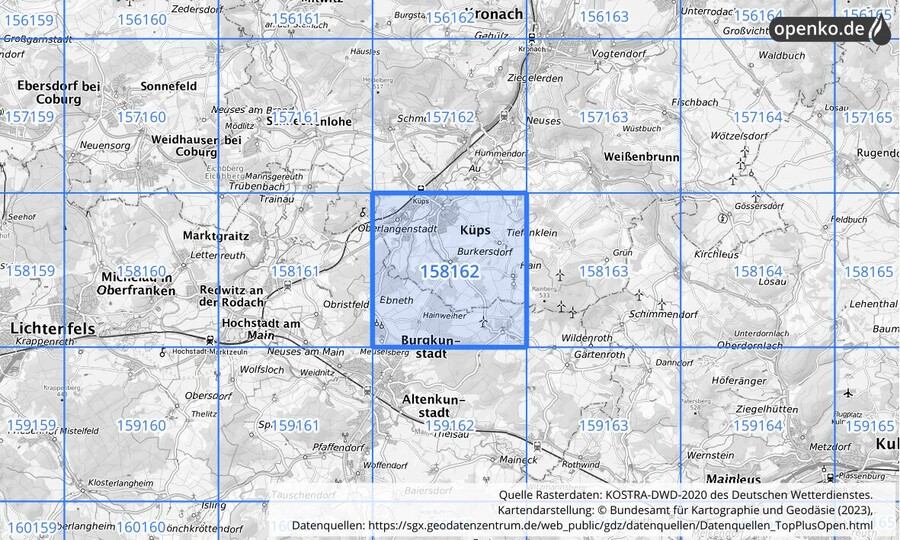 Übersichtskarte des KOSTRA-DWD-2020-Rasterfeldes Nr. 158162