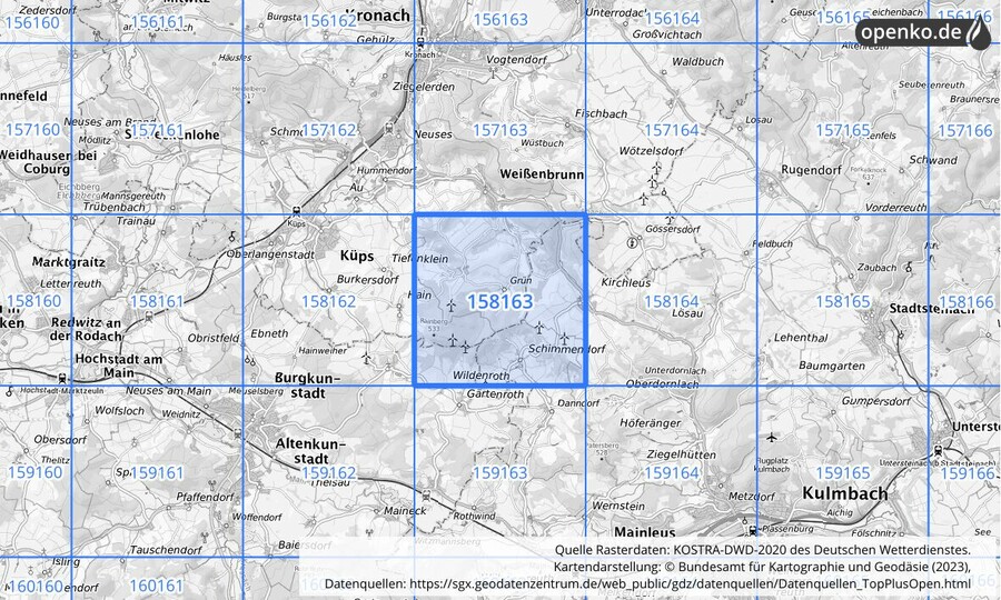 Übersichtskarte des KOSTRA-DWD-2020-Rasterfeldes Nr. 158163