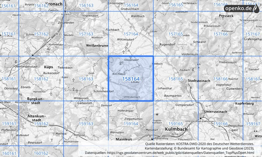 Übersichtskarte des KOSTRA-DWD-2020-Rasterfeldes Nr. 158164