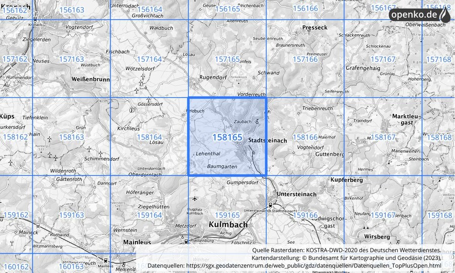 Übersichtskarte des KOSTRA-DWD-2020-Rasterfeldes Nr. 158165