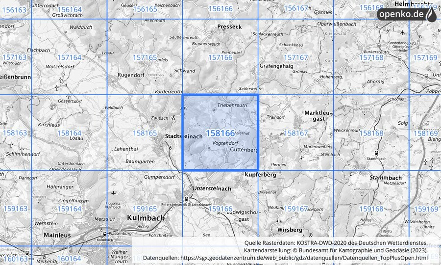 Übersichtskarte des KOSTRA-DWD-2020-Rasterfeldes Nr. 158166