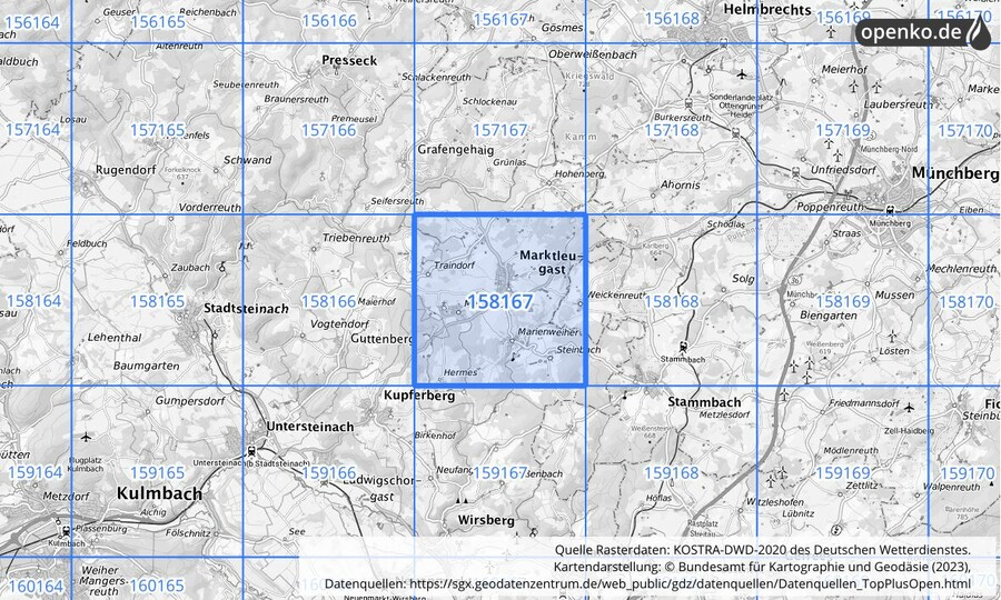 Übersichtskarte des KOSTRA-DWD-2020-Rasterfeldes Nr. 158167