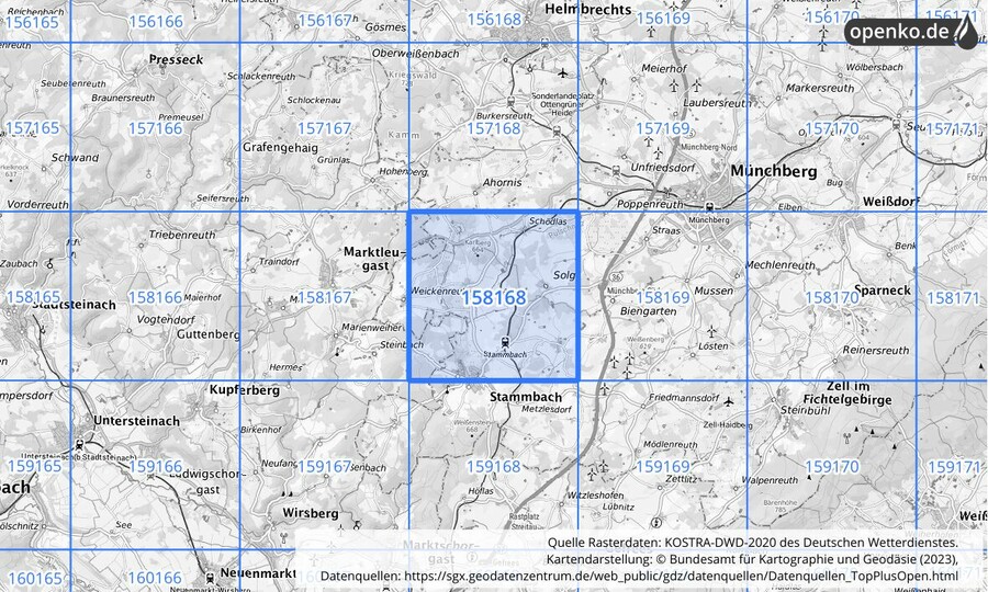 Übersichtskarte des KOSTRA-DWD-2020-Rasterfeldes Nr. 158168