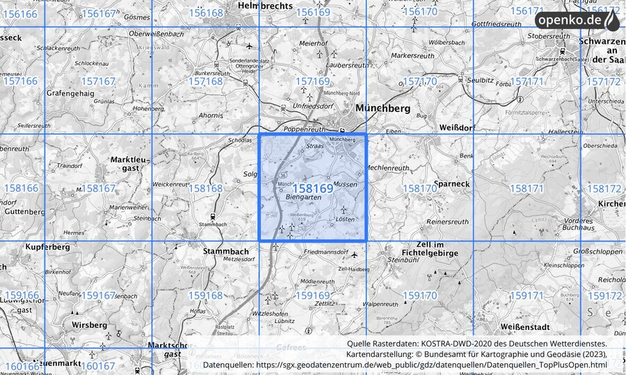 Übersichtskarte des KOSTRA-DWD-2020-Rasterfeldes Nr. 158169
