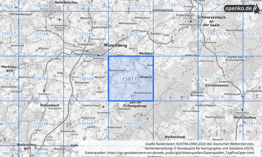 Übersichtskarte des KOSTRA-DWD-2020-Rasterfeldes Nr. 158170