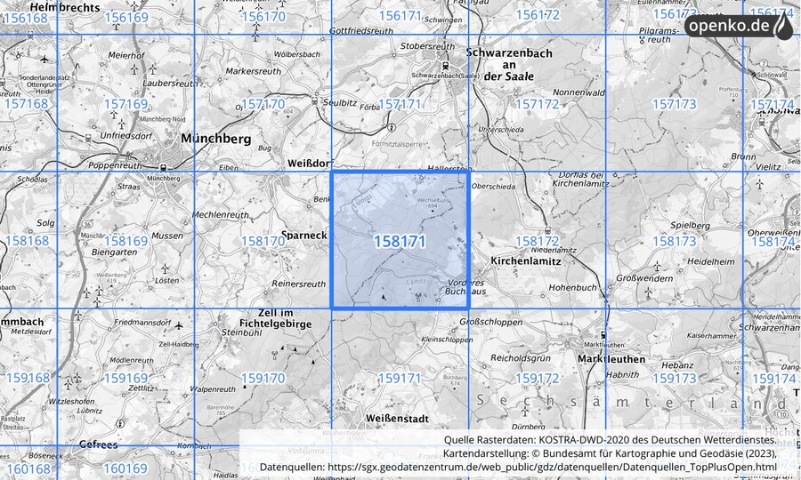 Übersichtskarte des KOSTRA-DWD-2020-Rasterfeldes Nr. 158171