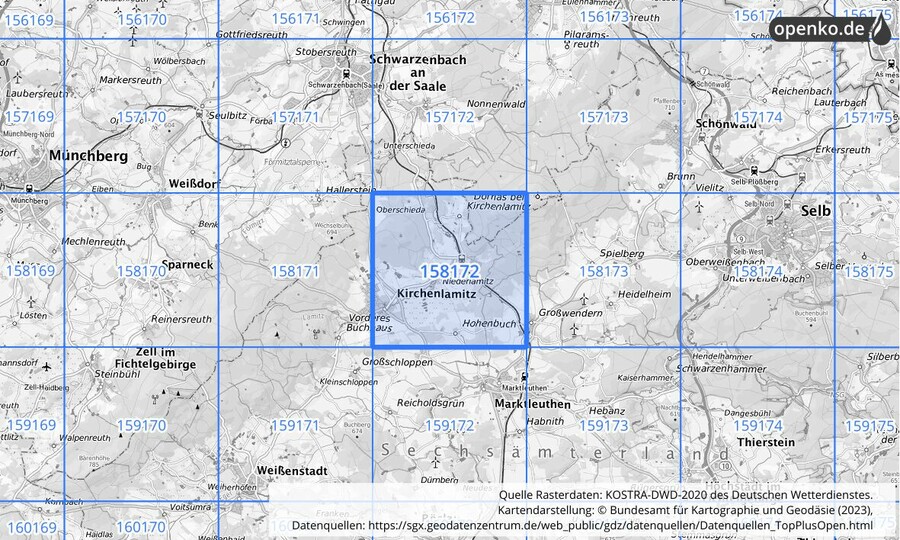 Übersichtskarte des KOSTRA-DWD-2020-Rasterfeldes Nr. 158172