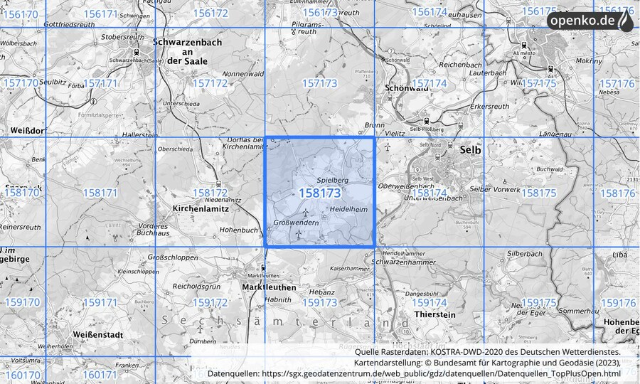 Übersichtskarte des KOSTRA-DWD-2020-Rasterfeldes Nr. 158173