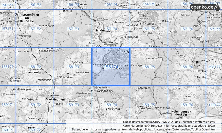 Übersichtskarte des KOSTRA-DWD-2020-Rasterfeldes Nr. 158174